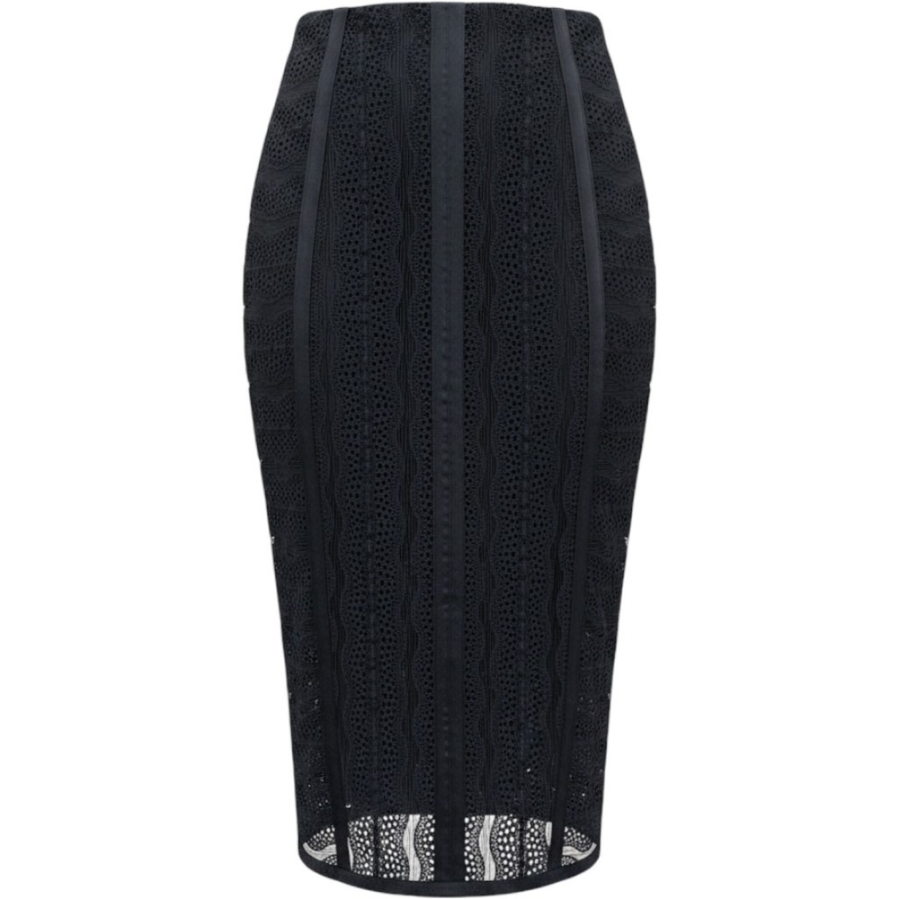 Veronica Beard Black Eyelet Lace Pencil Skirt Midi High Waist Overlay Size 2